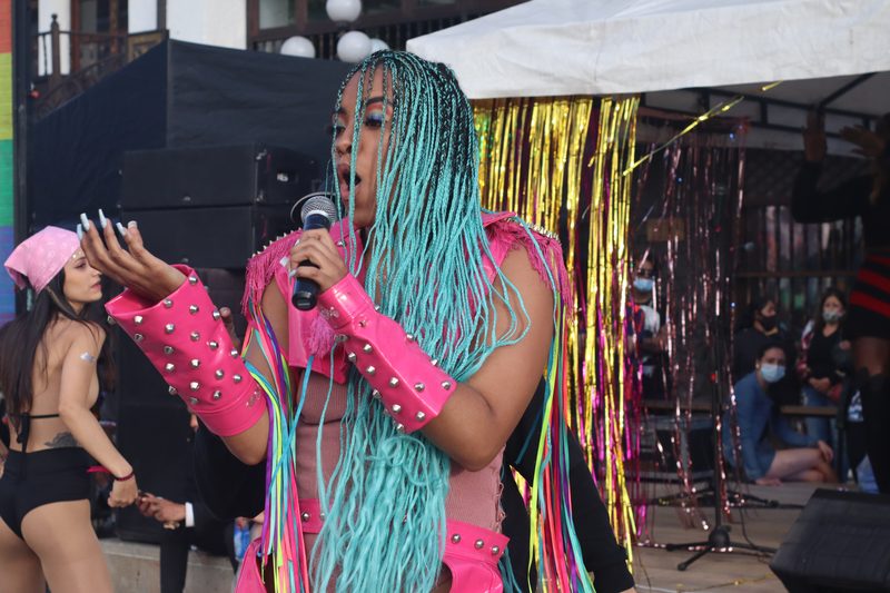 Una artista de trenzas de colores habla por micrófono en una tarima.